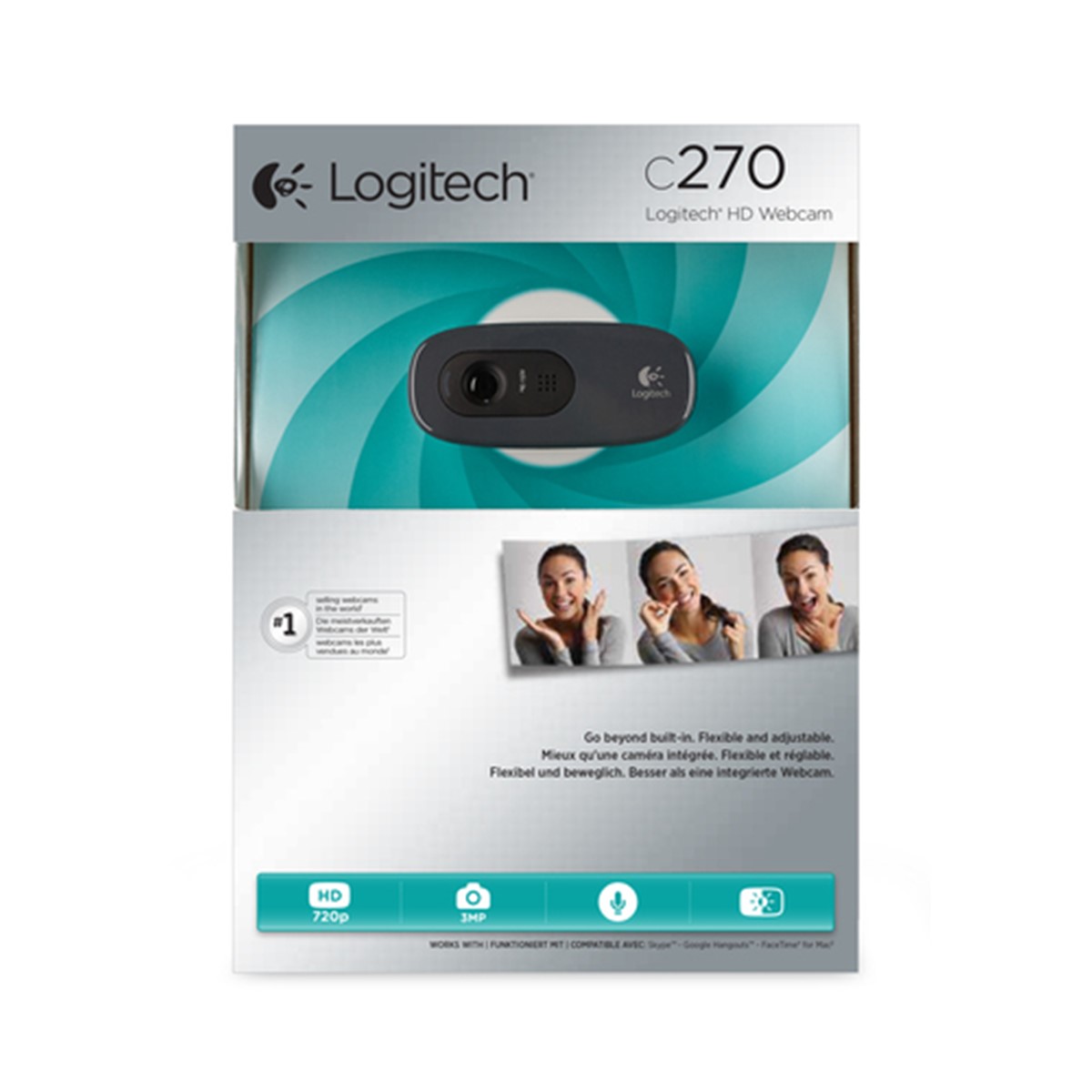 LOGITECH WEBCAM HD C270 USB 3MPX 1280X720  FLUID CRYSTAL MICROFONO INCORPORATO CLIP FISSAGGIO RILEVAMENTO AUTOMATIVO VOLTO E MOVIMENTO