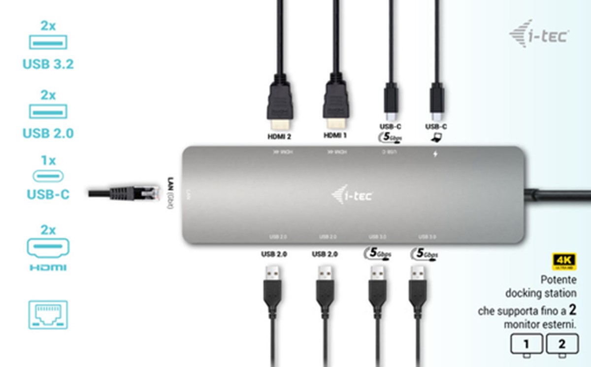 I-TEC USB-C NADNO 2x DISPLAY DOCKING STATION E POWER DELIVERY 100 W, METAL