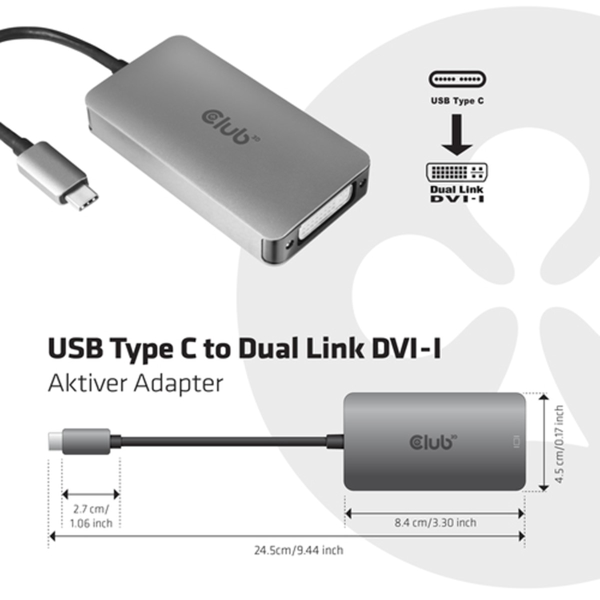 CLUB3D USB TYPE C TO DVI DUAL LINK SUPPORTS 4K30HZ RESOLUTIONS