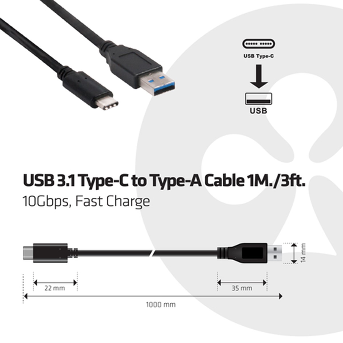 CLUB3D USB TYPE C 3.1 GEN 2 MALE (10GBPS) TO TYPE A MALE CABLE 1METER /  3.28FEET