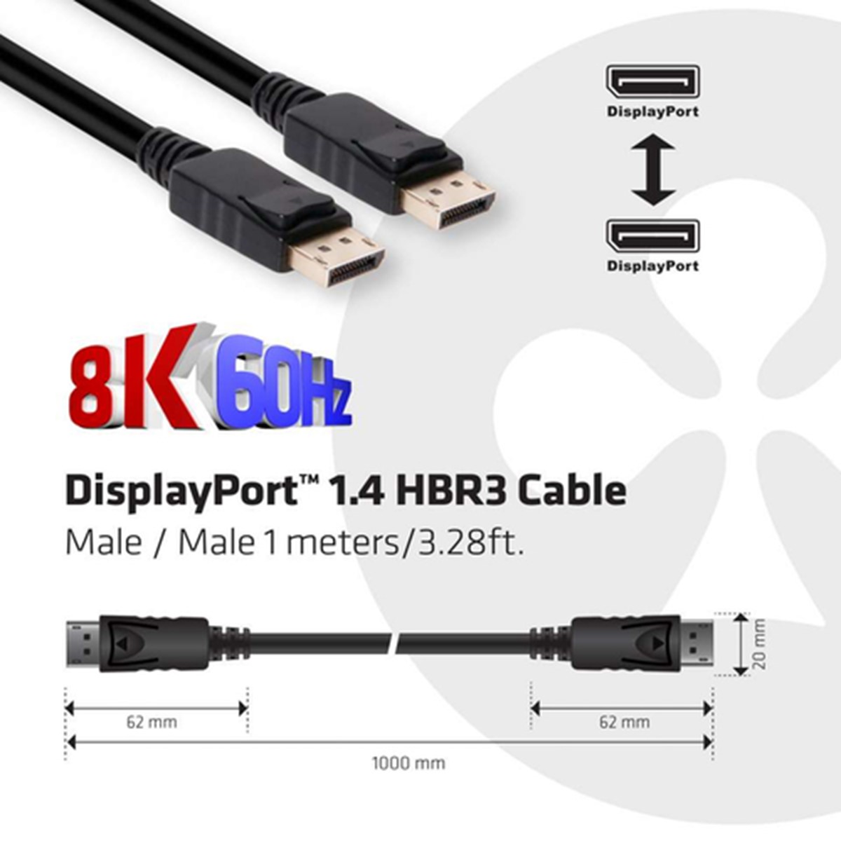 CLUB3D DISPLAYPORT 1.4 HBR3 CABLE MALE / MALE 1M/3.28FT.