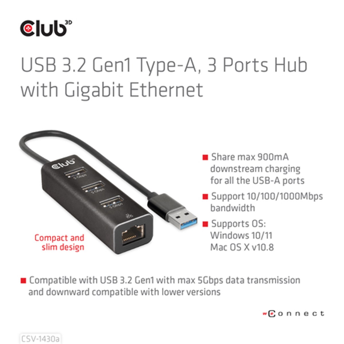 CLUB3D HUB USB 3.2 GEN1 TYPE A 3-Ports Gigabit Ethernet