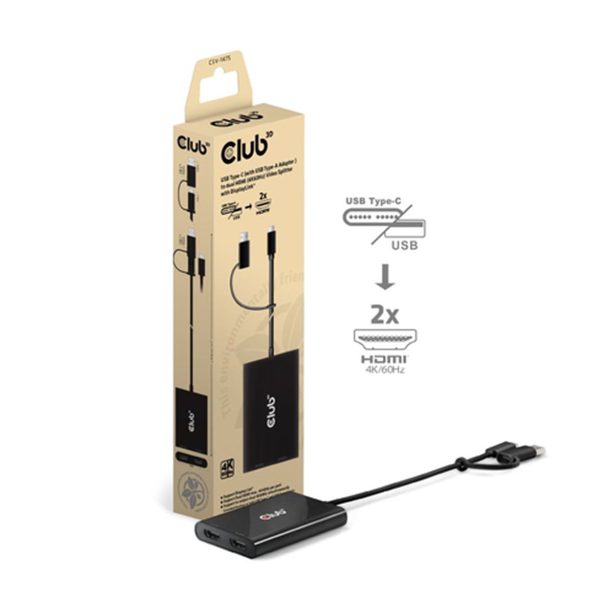 CLUB3D VIDEO SPLITTER CON DISPLAYLINK USB TYPE C (CON ADATTATORE TYPE A) A DUAL HDMI (4K60HZ)