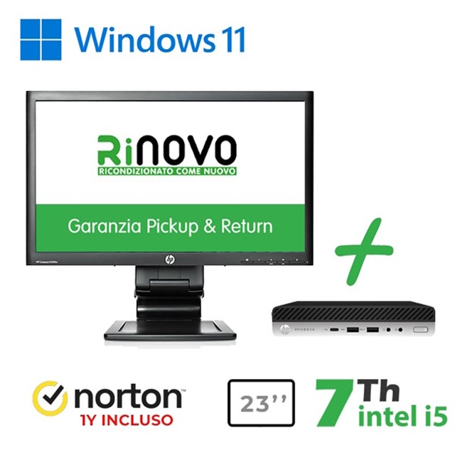 RINOVO HP ULTRA MINI PC DM REFURBISHED 600800 G3 I5-7X00 16GB 256GB W11P+MONITOR HP LA2306X +NORTON